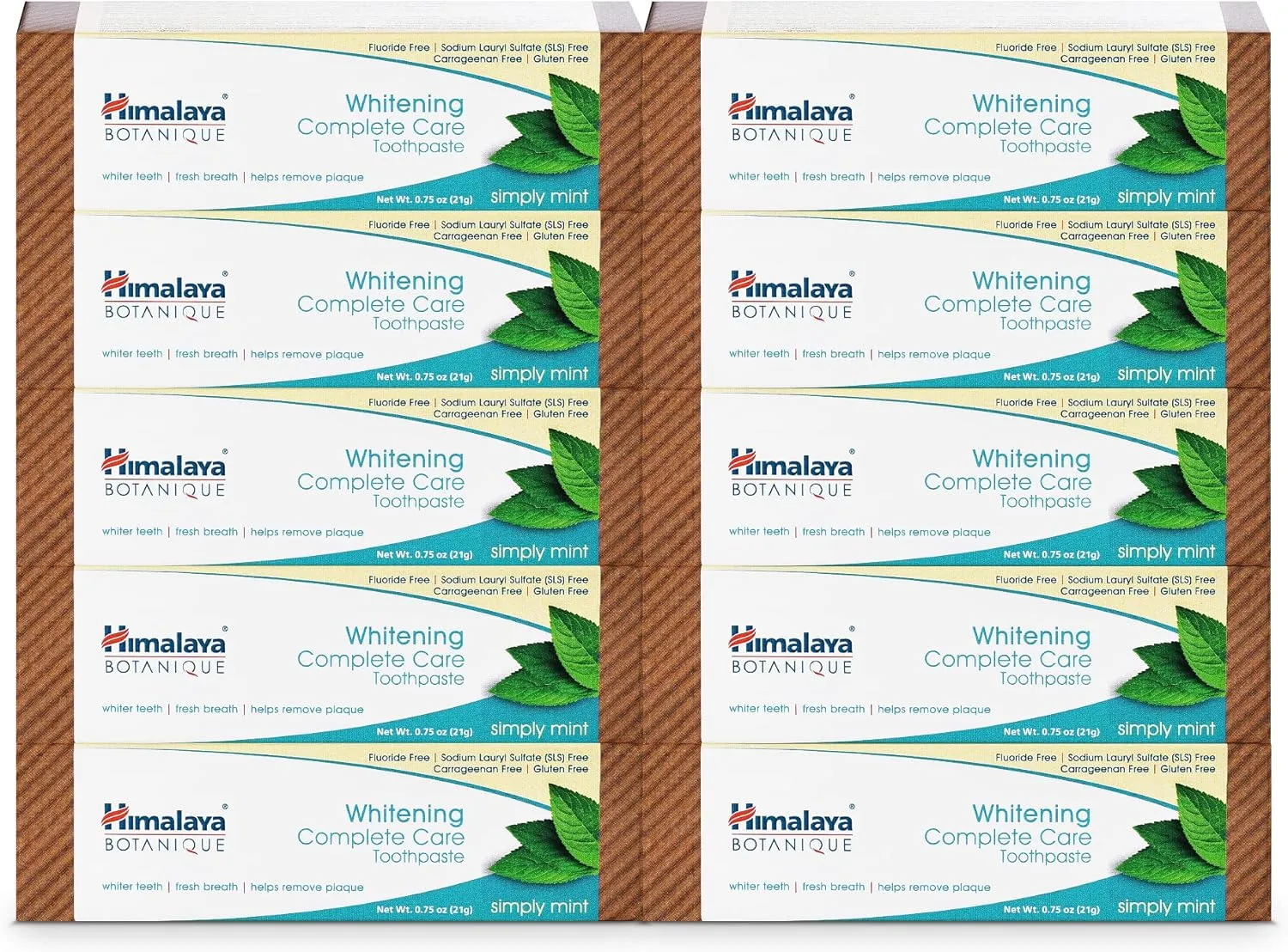 Himalaya Botanique Whitening Complete Care Toothpaste, 10 Pack Travel Size, Teeth Whitening, Fights Plaque, Fluoride Free, No Artificial Flavors, SLS Free, Simply Mint Flavor, TSA Approved, 0.74 Oz
