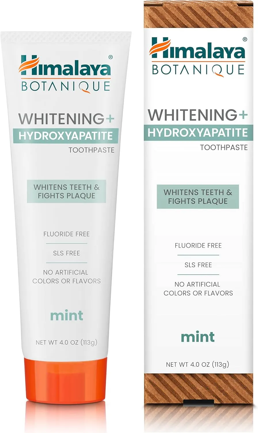 Himalaya Botanique Whitening   Hydroxyapatite Toothpaste, Mint Flavor - Nano Hydroxyapatite to Support Remineralization and Restore Enamel to Strengthen Teeth - Vegan, Gluten Free, 4 oz (Pack of 2)