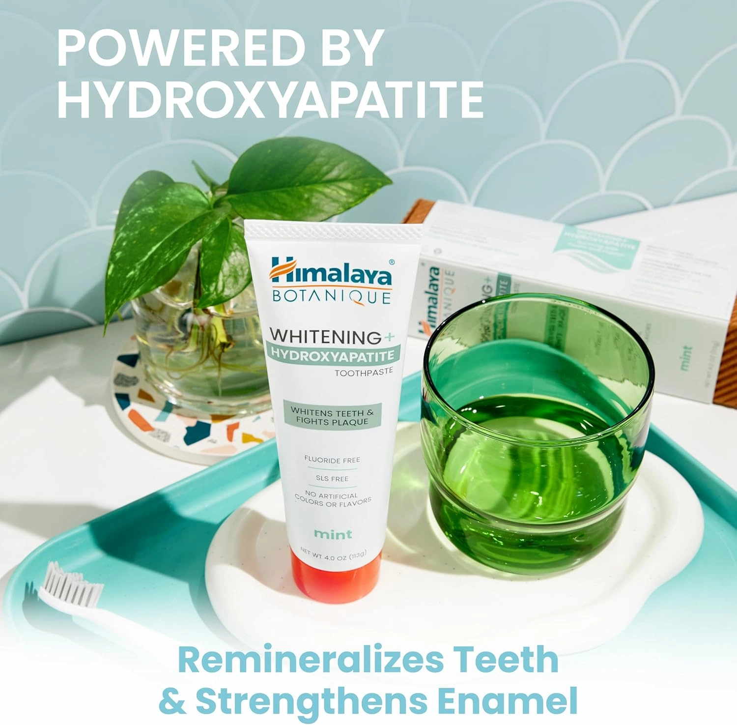 Himalaya Botanique Whitening   Hydroxyapatite Toothpaste, Mint Flavor - Nano Hydroxyapatite to Support Remineralization and Restore Enamel to Strengthen Teeth - Vegan, Gluten Free, 4 oz (Pack of 4)