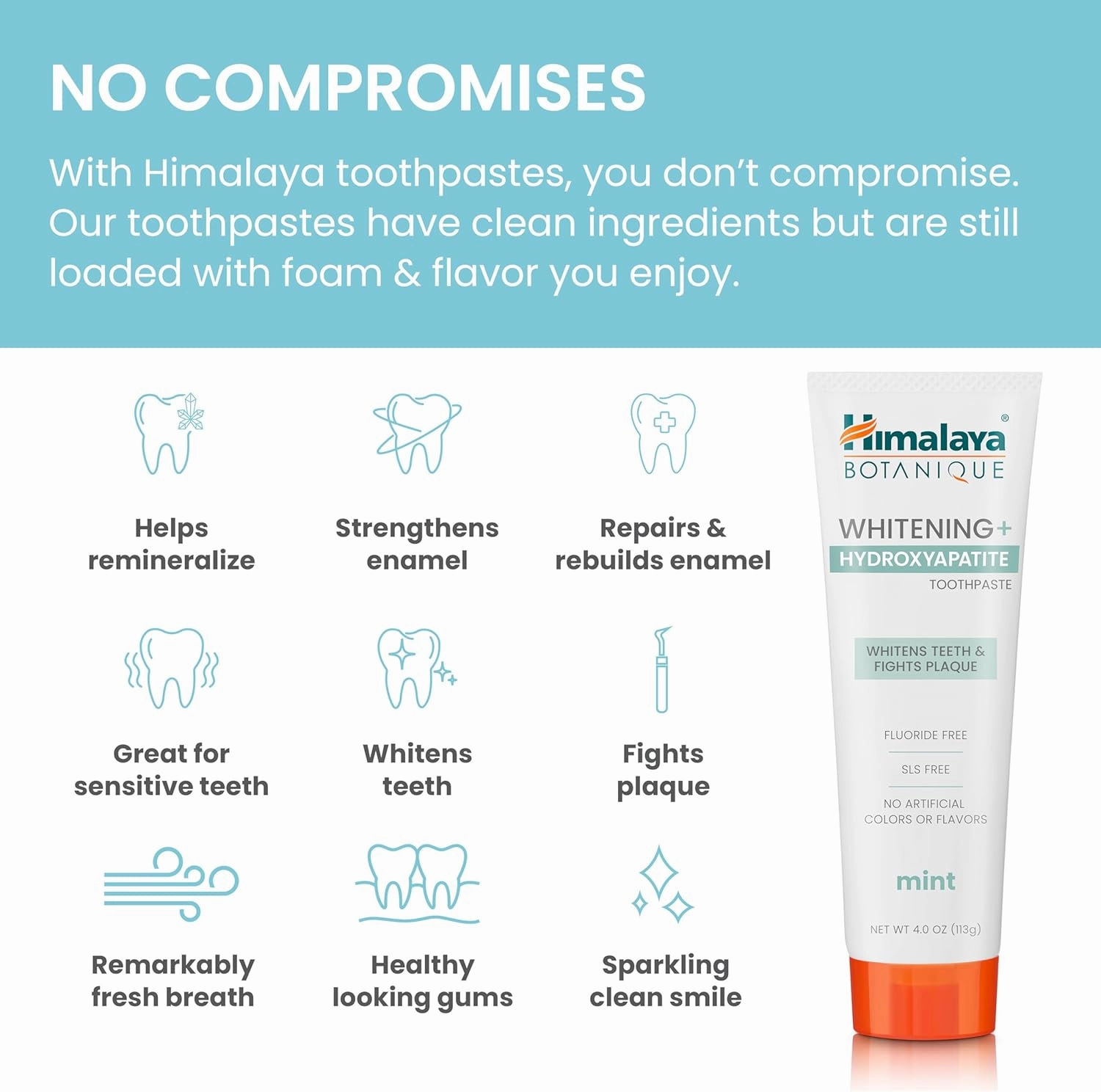 Himalaya Botanique Whitening   Hydroxyapatite Toothpaste, Mint Flavor - Nano Hydroxyapatite to Support Remineralization and Restore Enamel to Strengthen Teeth - Vegan, Gluten Free, 4 oz (Pack of 4)