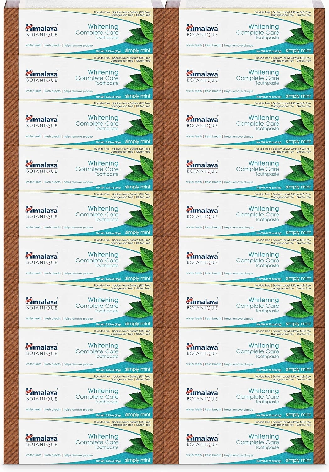Himalaya Botanique Whitening Complete Care Toothpaste, 20 Pack Travel Size, Teeth Whitening, Fights Plaque, Fluoride Free, No Artificial Flavors, SLS Free, Simply Mint Flavor, TSA Approved, 0.74 Oz