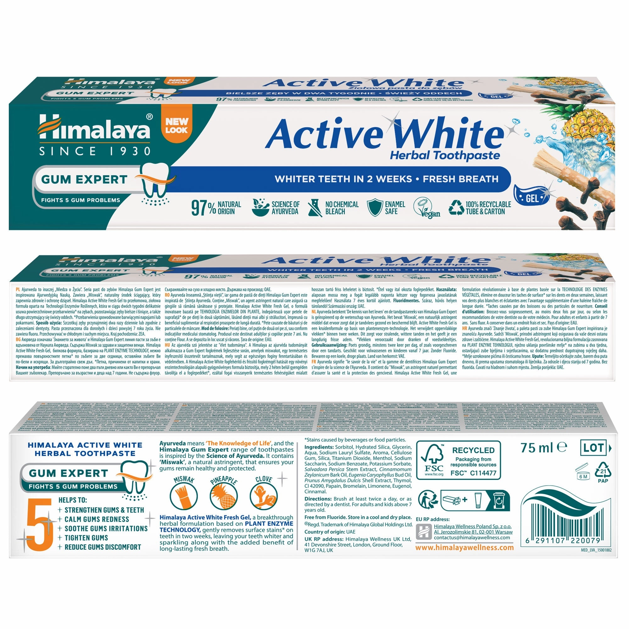 Himalaya Gum Expert Herbal Toothpaste - Active White Fresh Gel - 75 ml