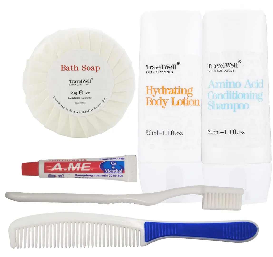 Hotel Toiletries Amenities Bulk Individually Wrapped 30ml Shampoo & Conditioner 2 in 1, Round Tissue Pleated 28g Cleaning Travel Soap In Bulk, Comb,Toothbrush Toothpaste 25 Each, 100 Pcs