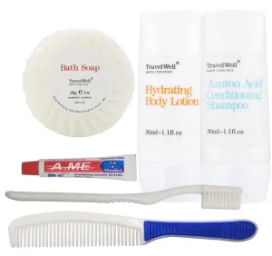 Hotel Toiletries Amenities Bulk Individually Wrapped 30ml Shampoo & Conditioner 2 in 1, Round Tissue Pleated 28g Cleaning Travel Soap In Bulk, Comb,Toothbrush Toothpaste 25 Each, 100 Pcs