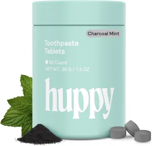 HUPPY Toothpaste Tablets, Nano Hydroxyapatite - Natural Whitening, Fluoride Free and Remineralizing - Travel Tabs, Charcoal Flavor, 62 Count