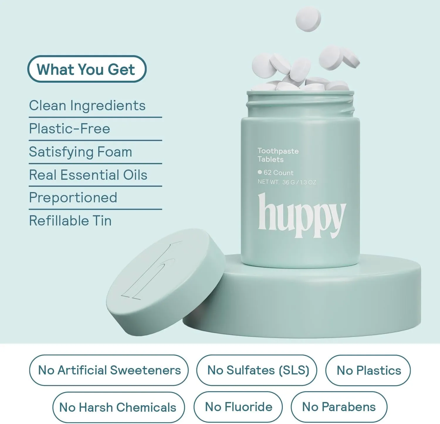 HUPPY Toothpaste Tablets, Nano Hydroxyapatite Toothpaste - Natural Whitening, Fluoride Free and Remineralizing Tablets - Travel Hydroxyapatite Tabs, 62 Count