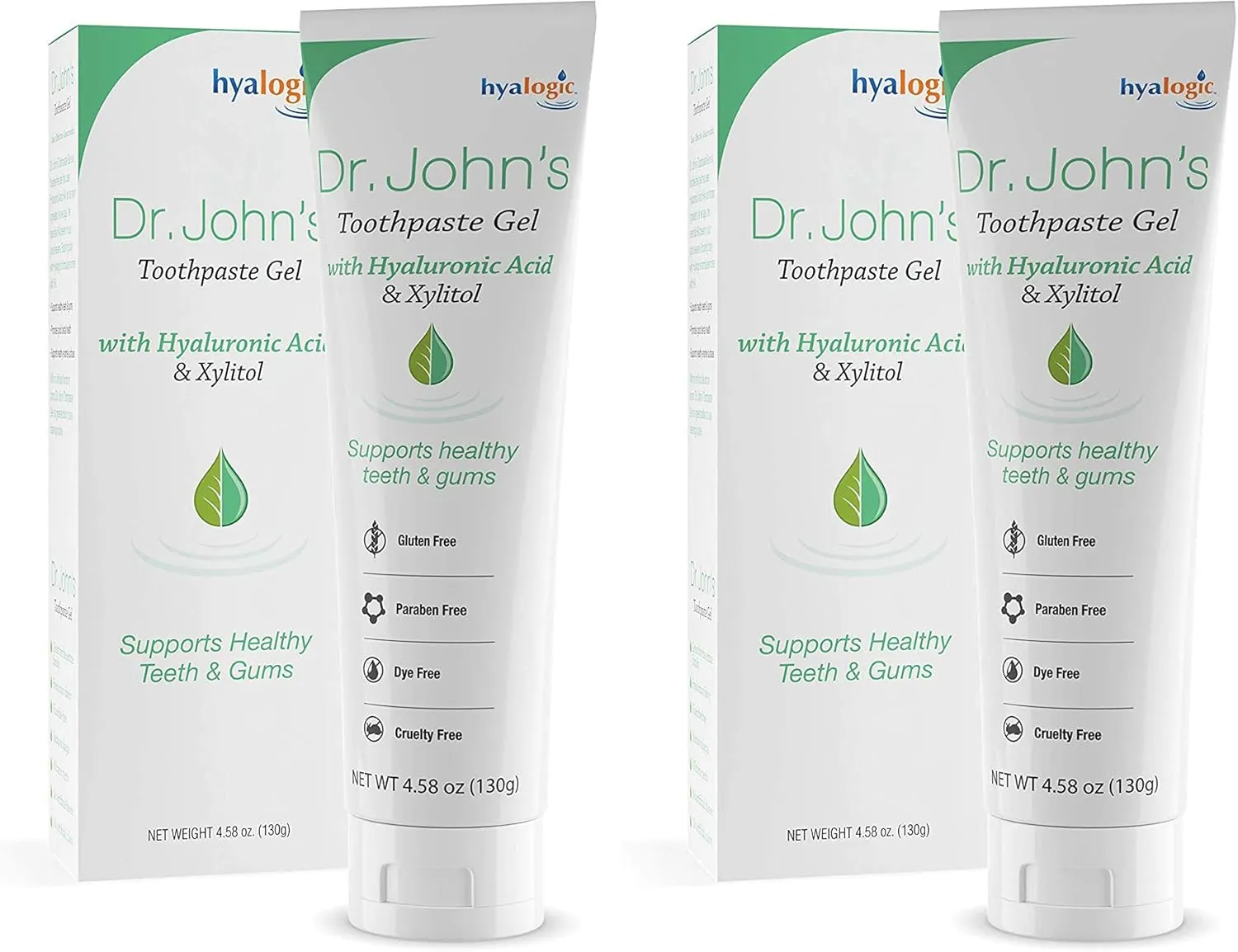 Hyalogic Dr. John’s Natural Toothpaste Gel (Pack of 2) w/Hyaluronic Acid HA and Xylitol – Support Healthy Teeth & Gums - Gentle Whitening Fresh Mint Vegan Friendly (4.58 oz / 130g)