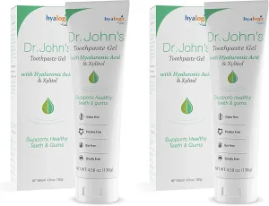 Hyalogic Dr. John’s Natural Toothpaste Gel (Pack of 2) w/Hyaluronic Acid HA and Xylitol – Support Healthy Teeth & Gums - Gentle Whitening Fresh Mint Vegan Friendly (4.58 oz / 130g)