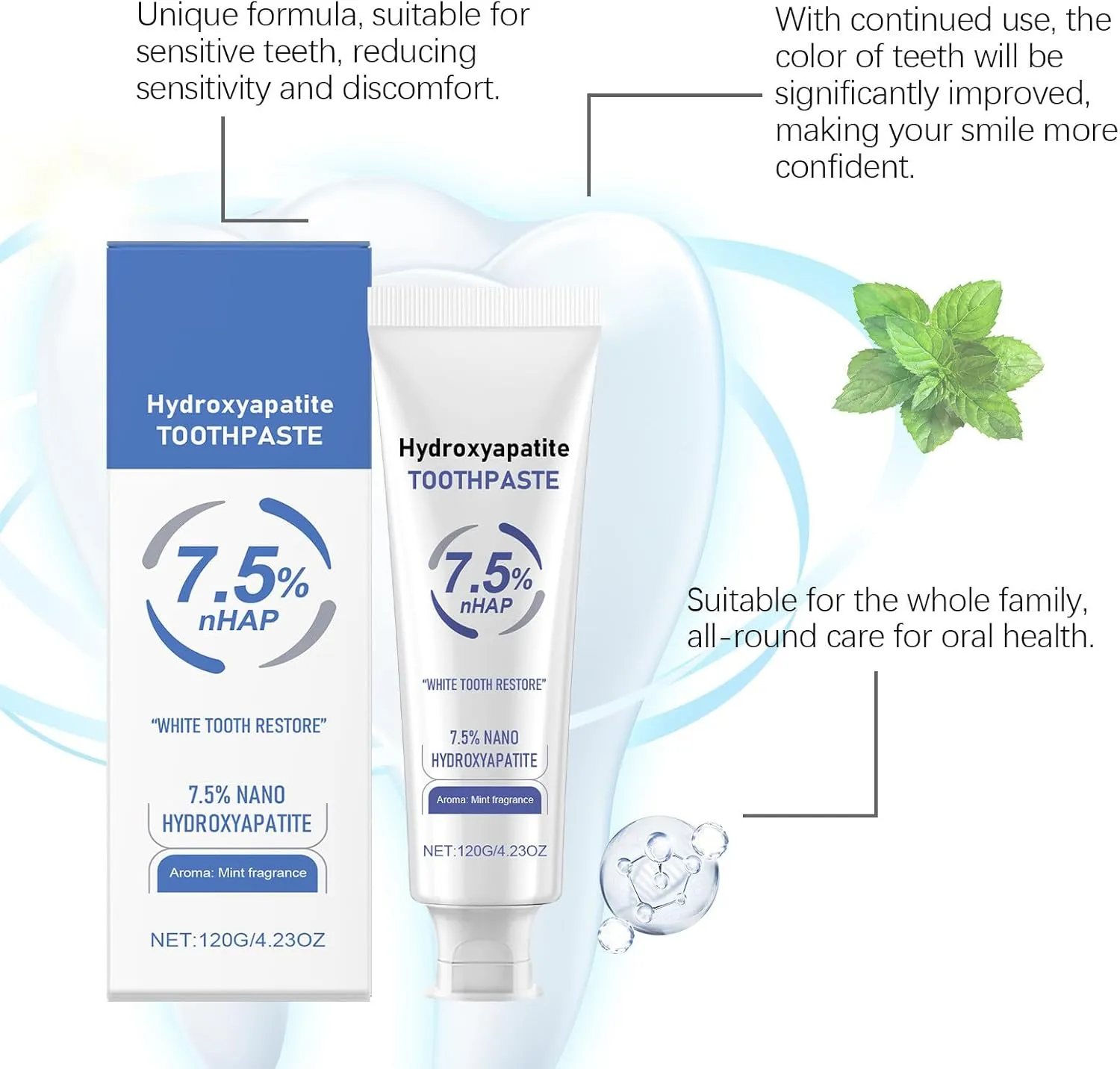 Hydroxyapatite Toothpaste 7.5%, Hydroxyapatite Toothpastes for Enamel Protection and Tooth Strengthening, Gentle and Effective Formula, Fluoride-Free (3)
