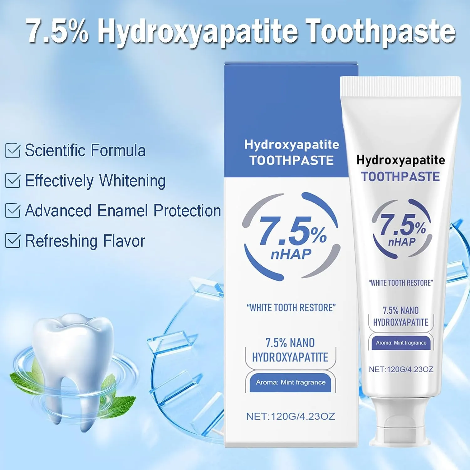 Hydroxyapatite Toothpaste 7.5%, Hydroxyapatite Toothpastes for Enamel Protection and Tooth Strengthening, Gentle and Effective Formula, Fluoride-Free (3)