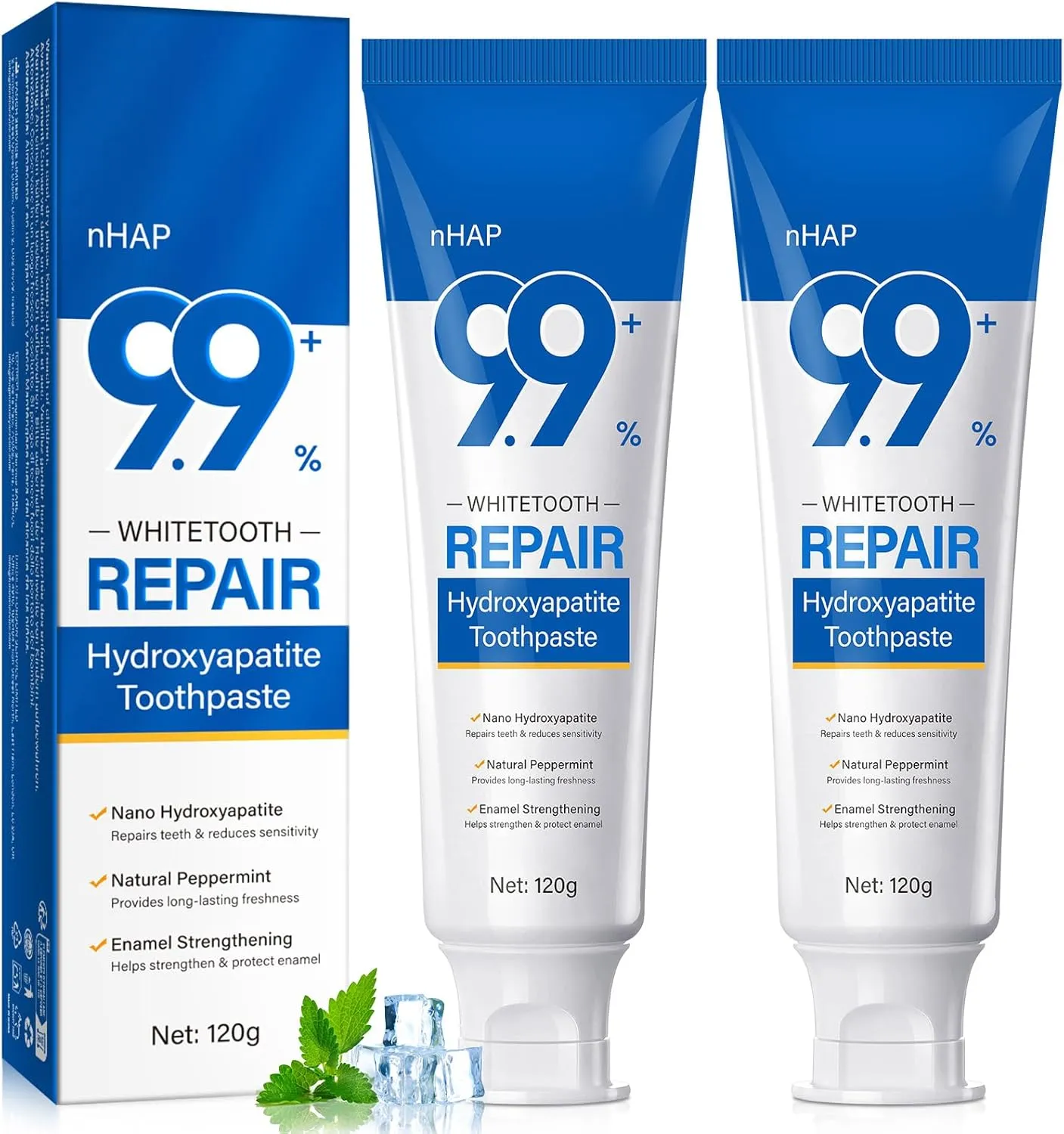 Hydroxyapatite Toothpaste, 9.9% Hydroxyapatite Toothpaste for Enamel Protection, Fluoride-Free, Enamel Repair, Sensitivity Relief, Cavity Prevention, Fresh Breath-2PCS