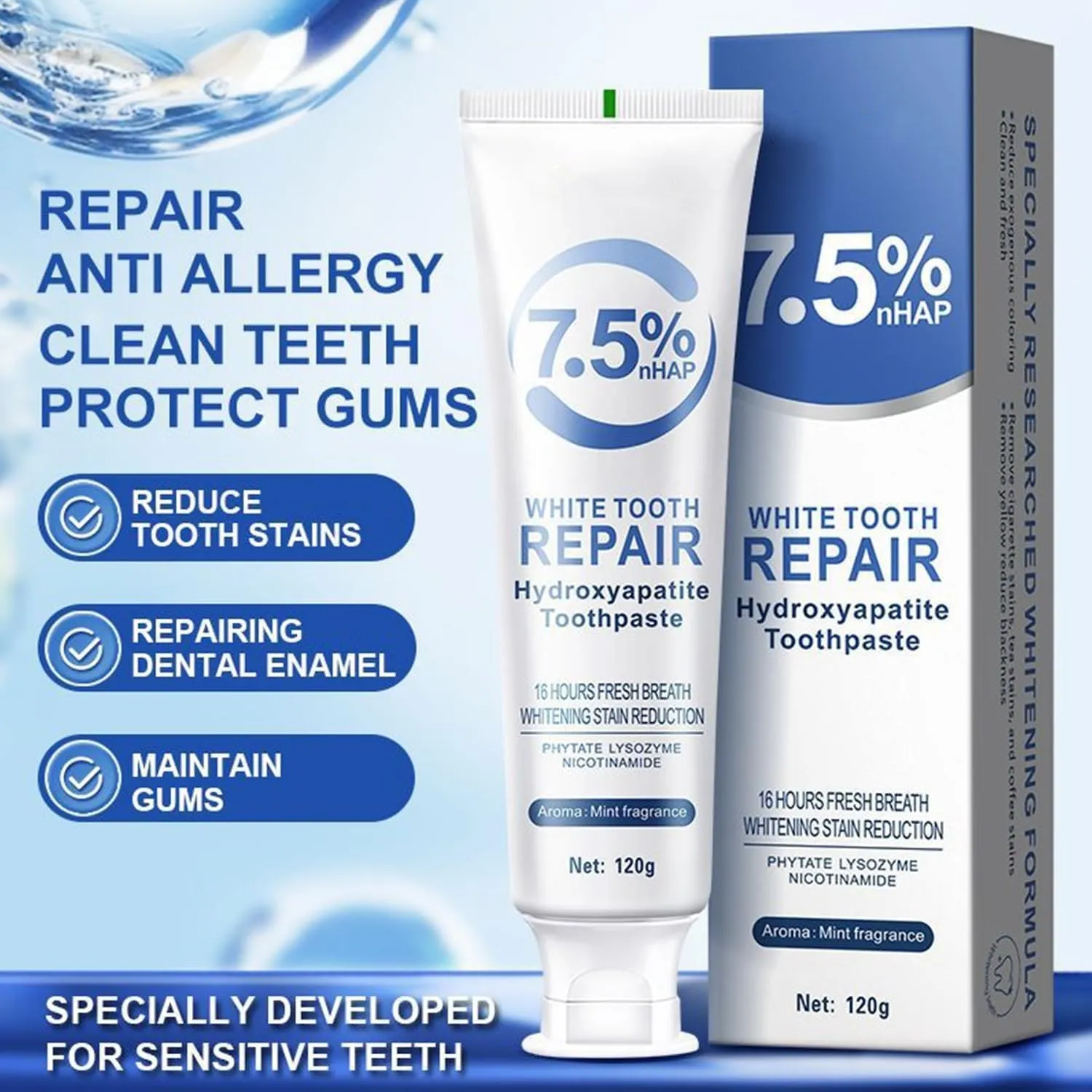 Hydroxyapatite Toothpaste for Enamel Protection, Fluoride-Free Formula with Gentle Mint, for Sensitive Teeth, Daily Protection, Long-Lasting Fresh Breath, 4.23 Oz (2)