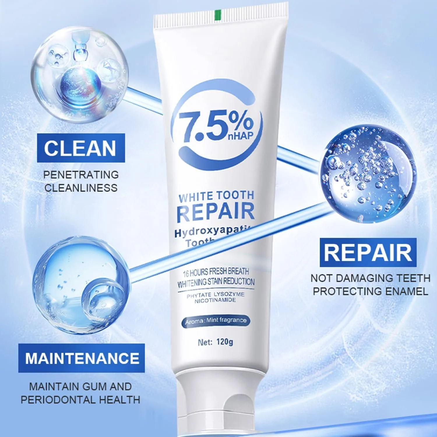 Hydroxyapatite Toothpaste for Enamel Protection, Fluoride-Free Formula with Gentle Mint, for Sensitive Teeth, Daily Protection, Long-Lasting Fresh Breath, 4.23 Oz (4)