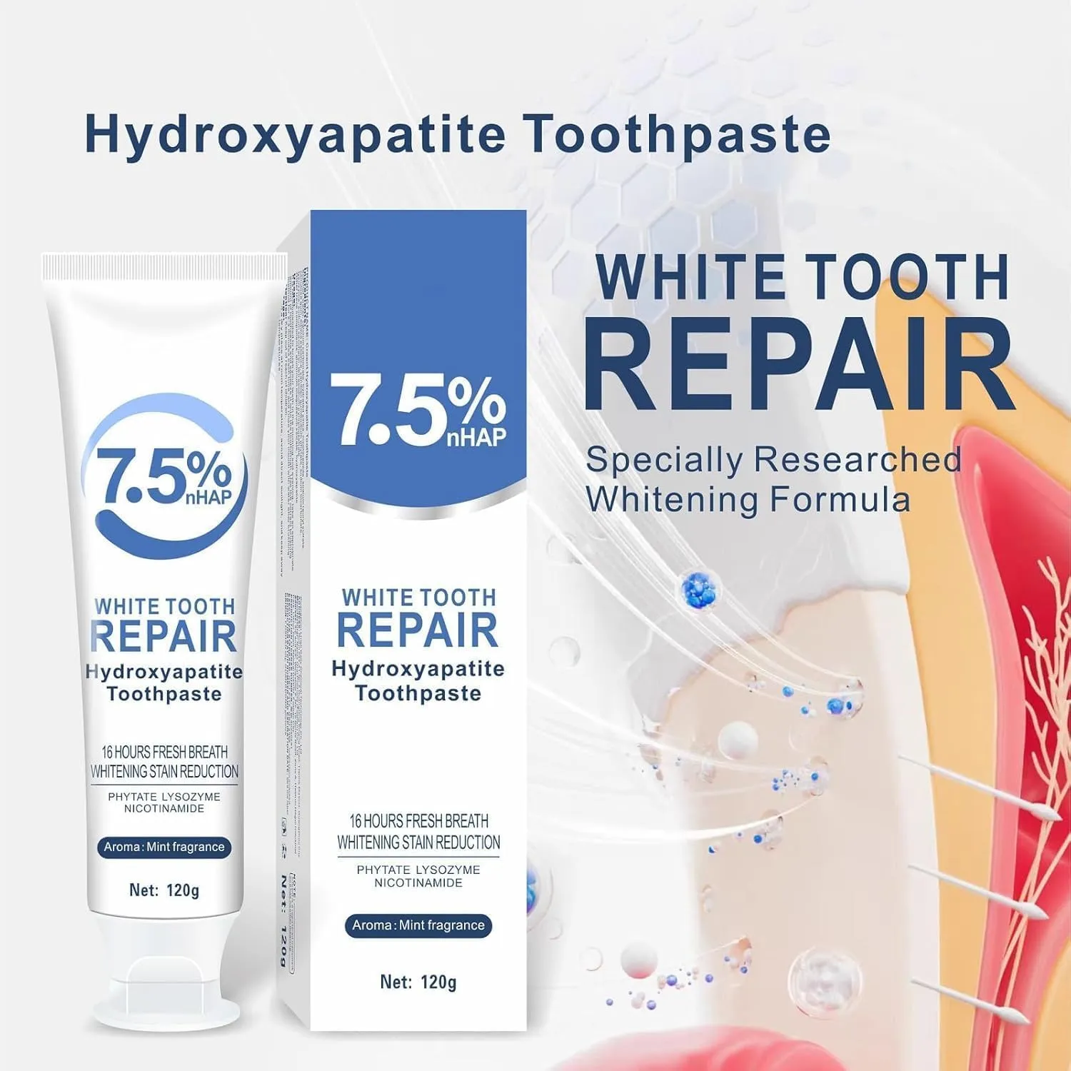 Hydroxyapatite Toothpastes for Enamel Protection and Tooth Strengthening, 7.5% Hydroxyapatite Whitening Toothpastes - Fluoride-Free, Gentle Mint, Fresh Breath, Daily Use for Oral Health (2)
