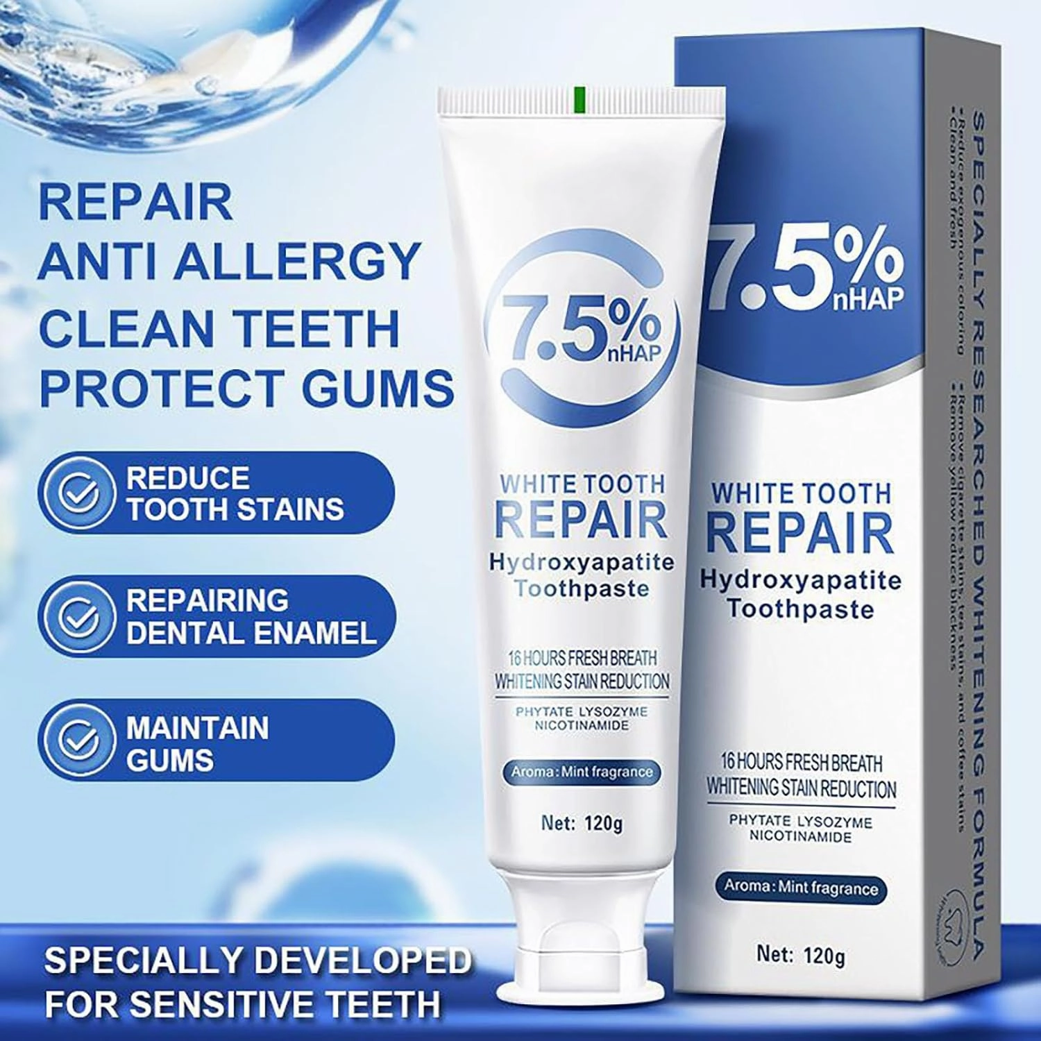 Hydroxyapatite Toothpaste 7.5, Fluoride-Free Toothpaste for Enamel Protection and Tooth Strengthening, Breath Freshening | Mild Mint | Deep Cleaning Care Toothpaste for Sensitive Teeth 4.23oz (2pcs)