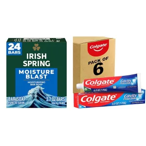 Irish Spring Bar Soap for Men, Moisture Blast, 3.7 Oz, 24 Pack & Colgate Cavity Protection Toothpaste with Fluoride, Great Regular Flavor, 6 Ounce (Pack of 6)