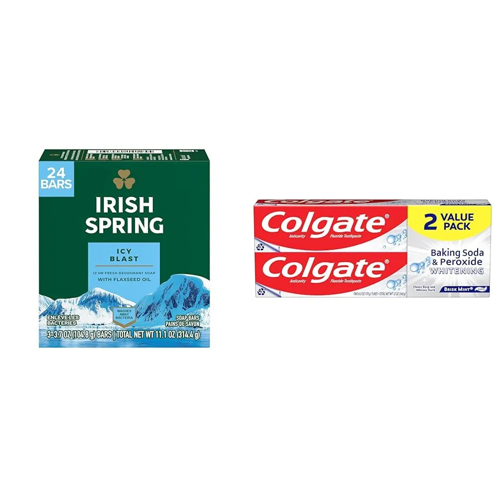 Irish Spring Icy Blast Bar Soap for Men & Colgate Baking Soda & Peroxide Toothpaste - Whitens Teeth, Fights Cavities & Removes Stains, Brisk Mint, 6 Oz, 2 Pack