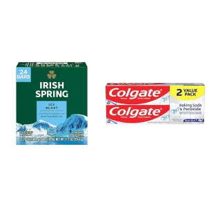 Irish Spring Icy Blast Bar Soap for Men & Colgate Baking Soda & Peroxide Toothpaste - Whitens Teeth, Fights Cavities & Removes Stains, Brisk Mint, 6 Oz, 2 Pack