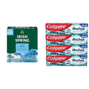 Irish Spring Icy Blast Bar Soap for Men, Mens Soap, Smell Fresh and Clean 12 Hours, Men Bars Washing & Colgate Max Fresh Whitening Toothpaste with Mini Strips, Clean Mint Toothpaste for Bad Breath