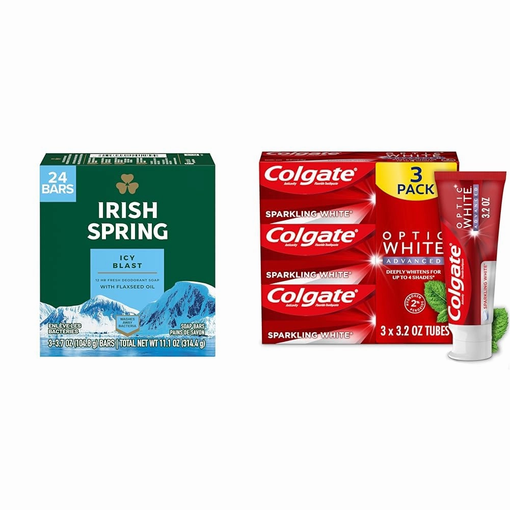 Irish Spring Icy Blast Bar Soap for Men, Mens Soap, Smell Fresh and Clean 12 Hours, Men Bars Washing & Colgate Optic White Advanced Teeth Whitening Toothpaste, 2% Hydrogen Peroxide Toothpaste