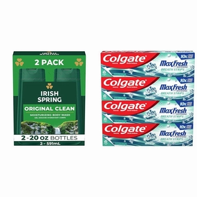 Irish Spring Original Clean Body Wash, 20 Oz, 2 Pack & Colgate Max Fresh Whitening Toothpaste with Mini Strips, Clean Mint Toothpaste for Bad Breath