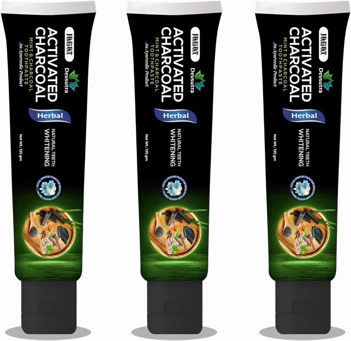 Ja ga t Dev Sutra Dr. Trusted Ayurvedic Herbal Activated Charcoal Toothpaste for Teeth Whitening - 100% Natural Formula with Mint Flavour, No Fluoride & Artificial Colours - Pack of 4 (125g x 4)