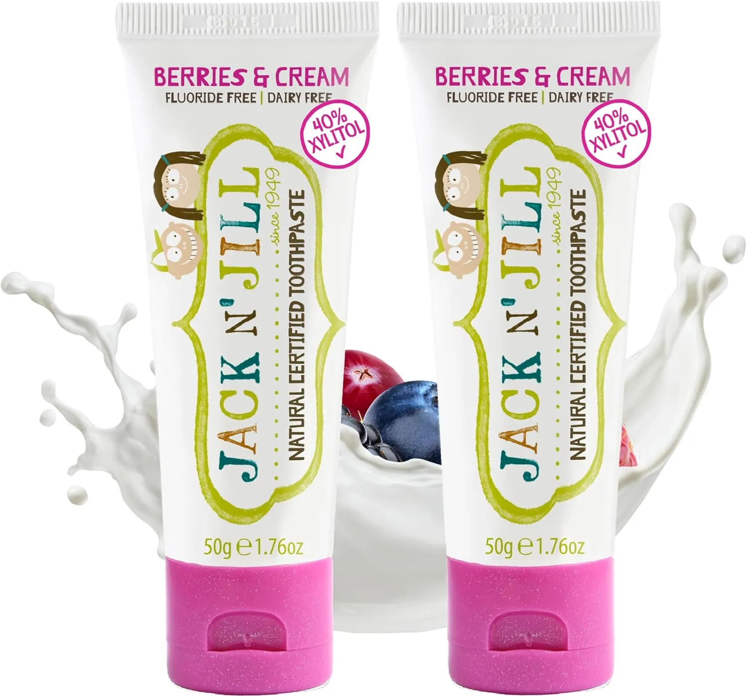 Jack N' Jill Natural Toddler Toothpaste - Fluoride Free Training Toothpaste for Toddlers 1-3, 40% Xylitol, BPA Free - Berries N' Cream, 1.76 oz (Pack of 2)