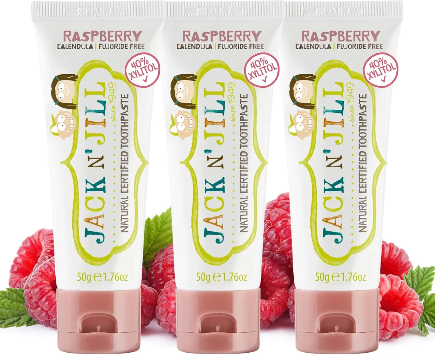 Jack N' Jill Natural Toddler Toothpaste - Fluoride Free Training Toothpaste for Toddlers 1-3, 40% Xylitol, BPA Free - Raspberry, 1.76 oz (Pack of 3)