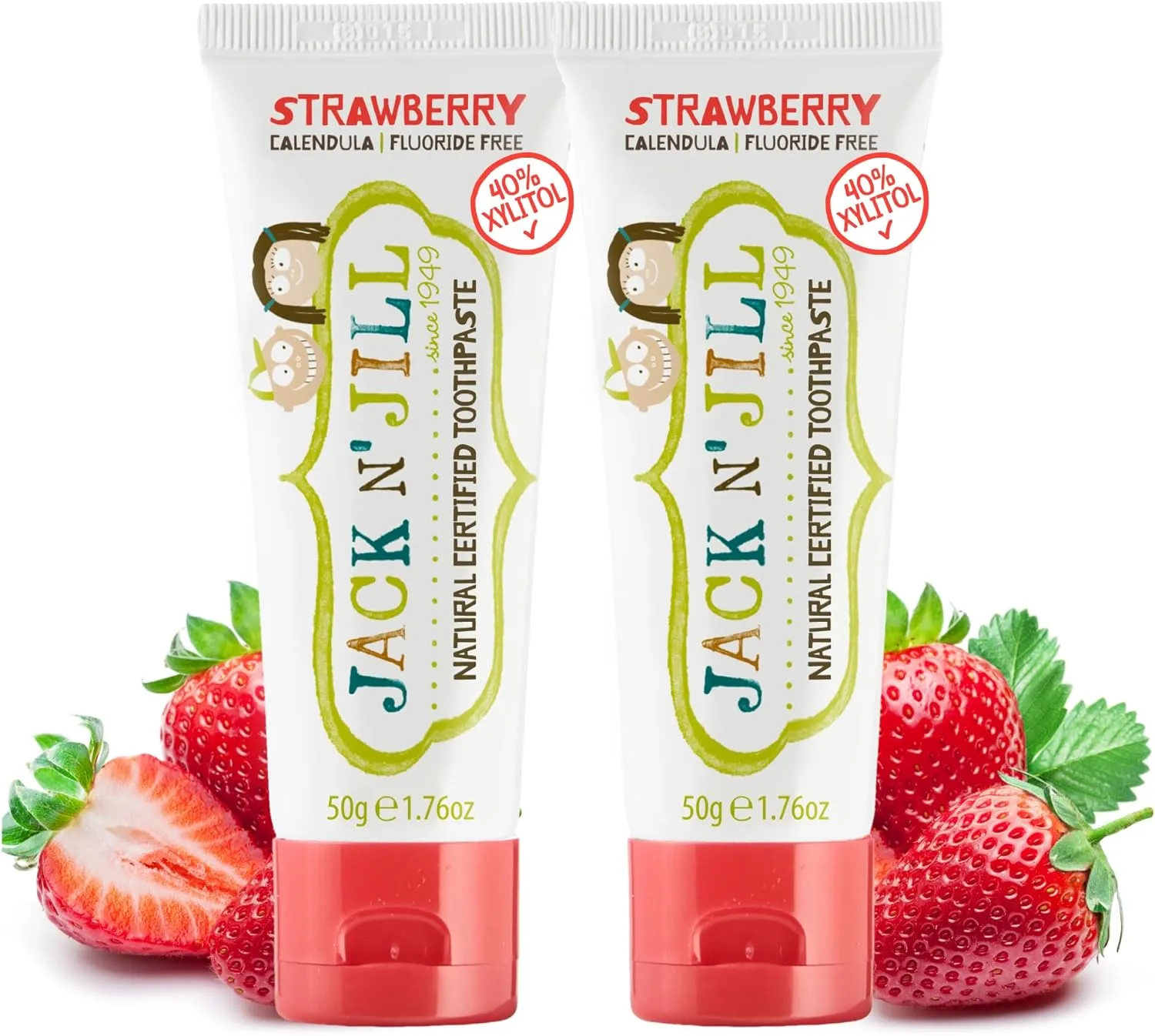 Jack N' Jill Natural Toothpaste for Baby and Infants - Fluoride Free Training Toothpaste, 40% Xylitol, BPA Free - Strawberry, 1.76 oz (Pack of 2)