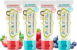 Jack N' Jill Natural Toothpaste for Baby and Infants - Fluoride Free Training Toothpaste, 40% Xylitol, BPA Free - Strawberry & Blueberry, 1.76 oz (Pack of 4)