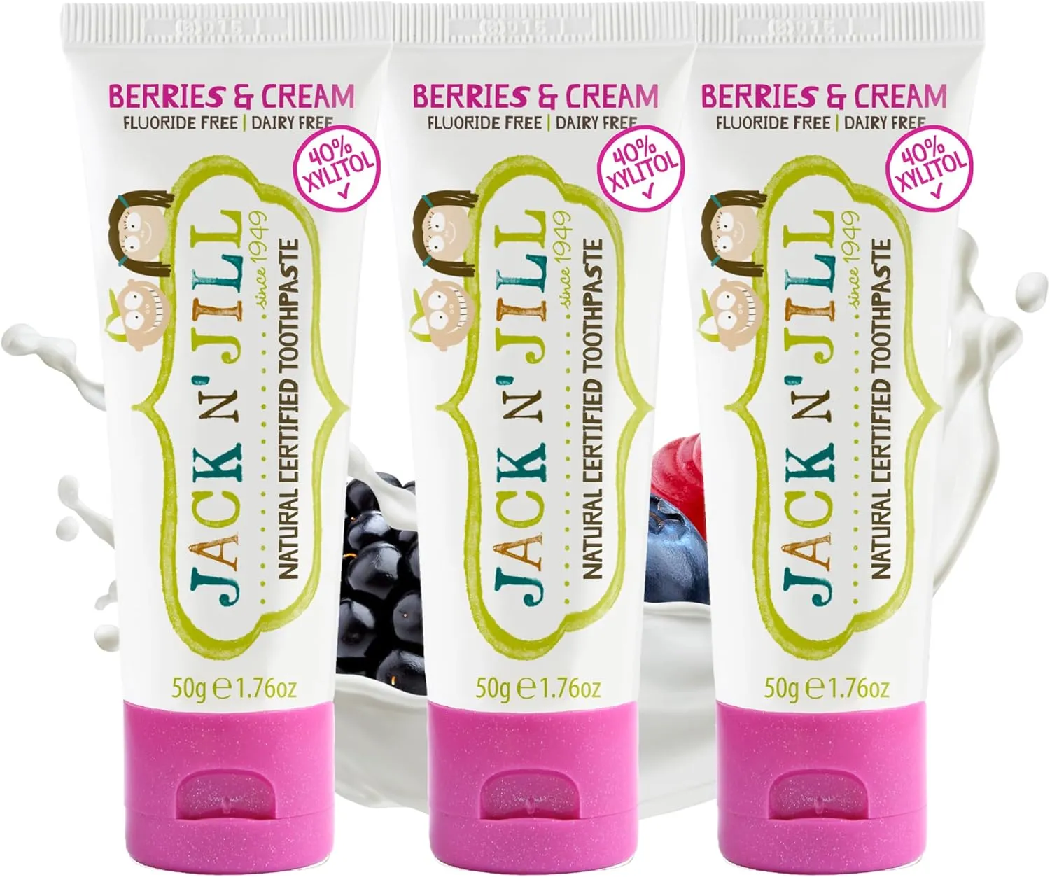 Jack N' Jill Natural Toothpaste for Kids - Fluoride Free Toothpaste, 40% Xylitol, BPA Free - Berries N' Cream, 1.76 oz (Pack of 3)