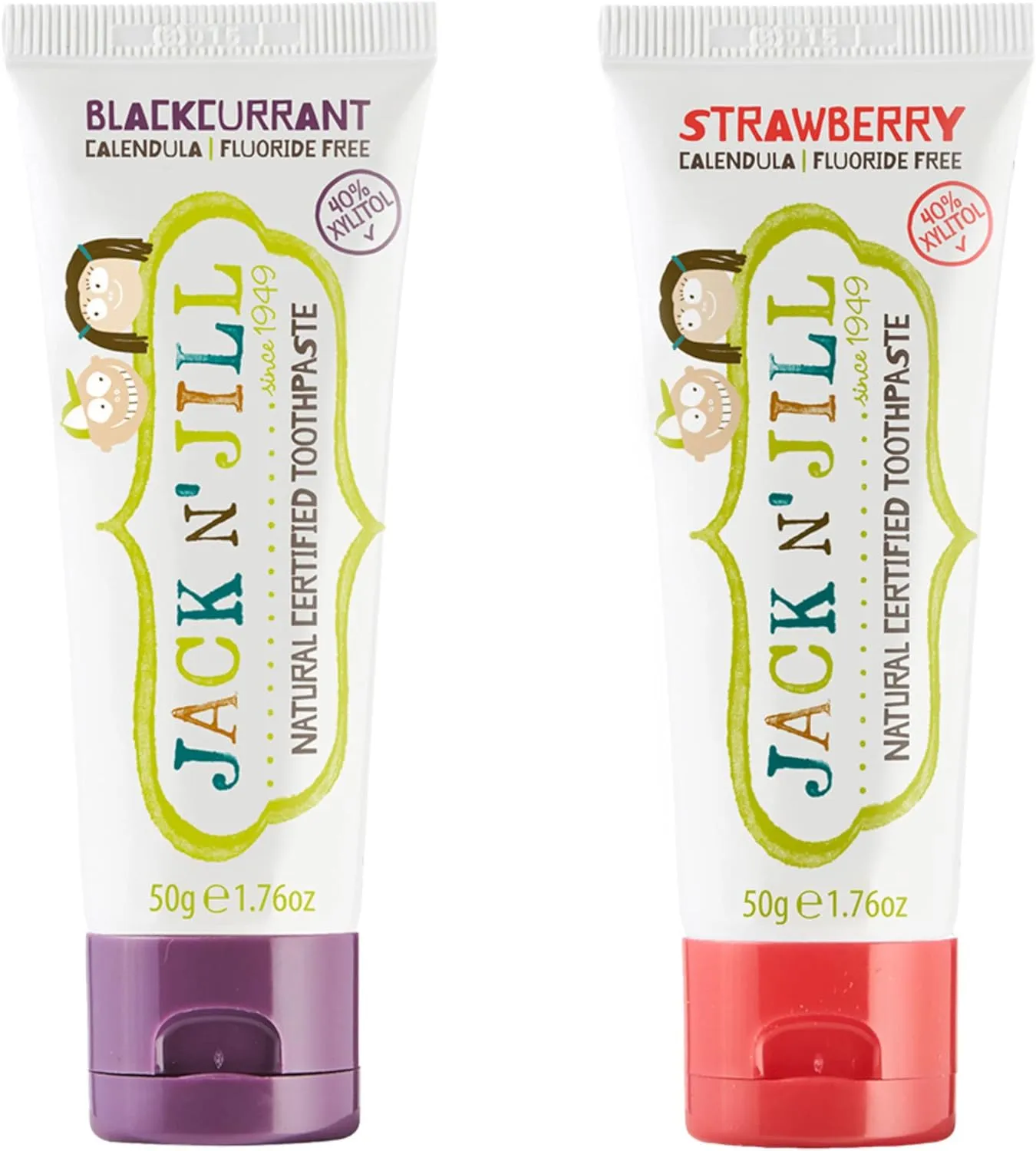 Jack N' Jill Natural Toothpaste for Kids - Fluoride Free Toothpaste, 40% Xylitol, BPA Free - Blackcurrant & Strawberry, 1.76 oz (2 Pack)