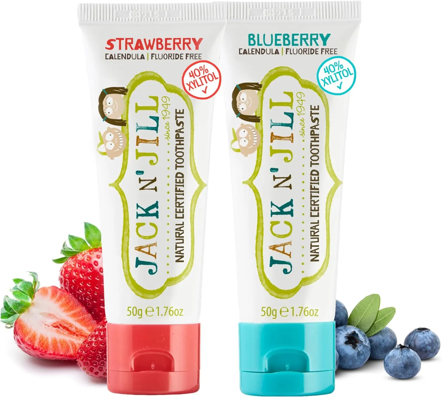 Jack N' Jill Natural Toothpaste for Kids - Fluoride Free Toothpaste, 40% Xylitol, BPA Free - Strawberry & Blueberry, 1.76 oz (2 Pack)