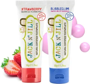 Jack N' Jill Natural Toothpaste for Kids - Fluoride Free Toothpaste, 40% Xylitol, BPA Free - Strawberry & Bubblegum, 1.76 oz (2 Pack)