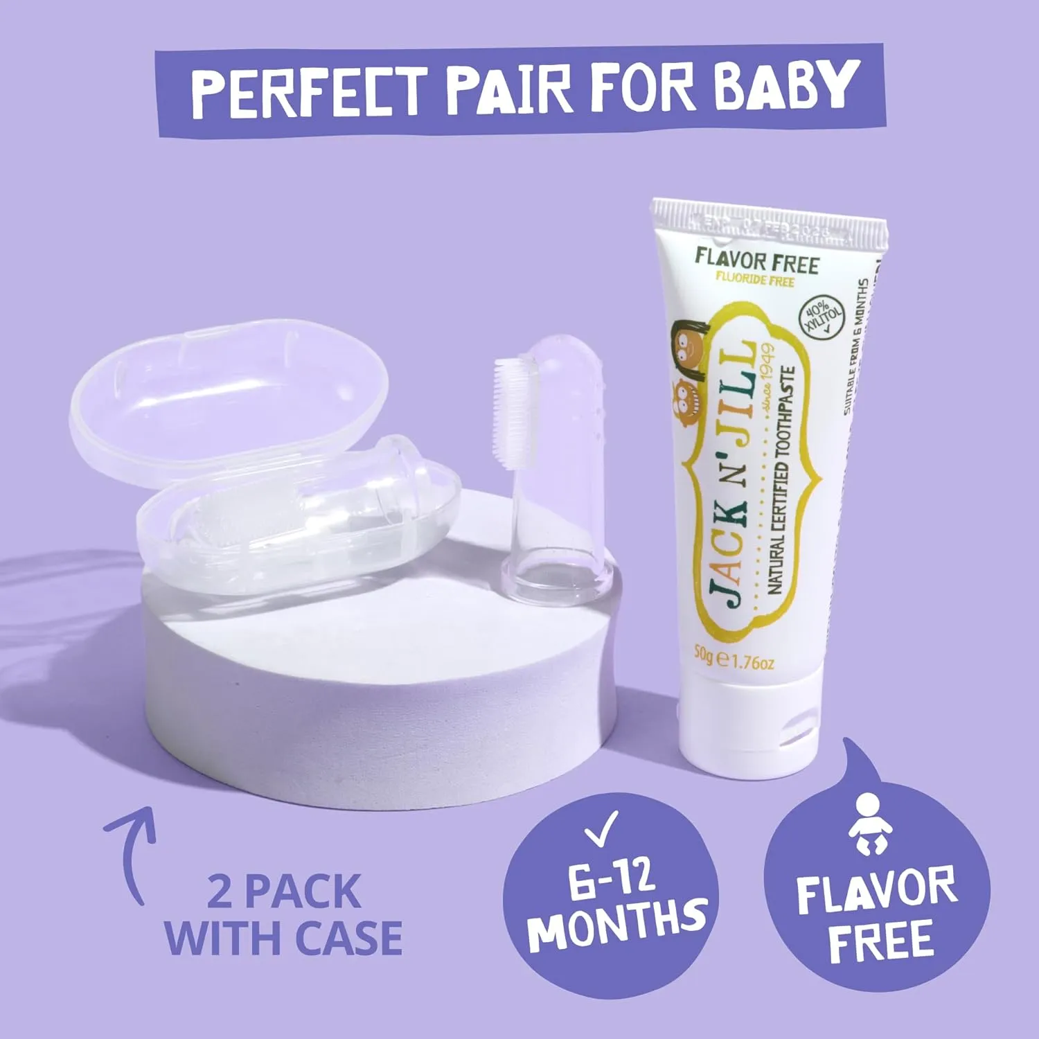 Jack N' Jill Stage 1 Silicone Finger Toothbrush and Toothpaste for Babies & Toddlers, Unflavored Natural Toothpaste, Bundle - Baby Toothbrush 6 to 12 Months - Two Brushes Plus Case, 1.76 Fl Oz