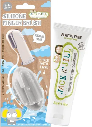 Jack N' Jill Stage 1 Silicone Finger Toothbrush and Toothpaste for Babies & Toddlers, Unflavored Natural Toothpaste, Bundle - Baby Toothbrush 6 to 12 Months - Two Brushes Plus Case, 1.76 Fl Oz