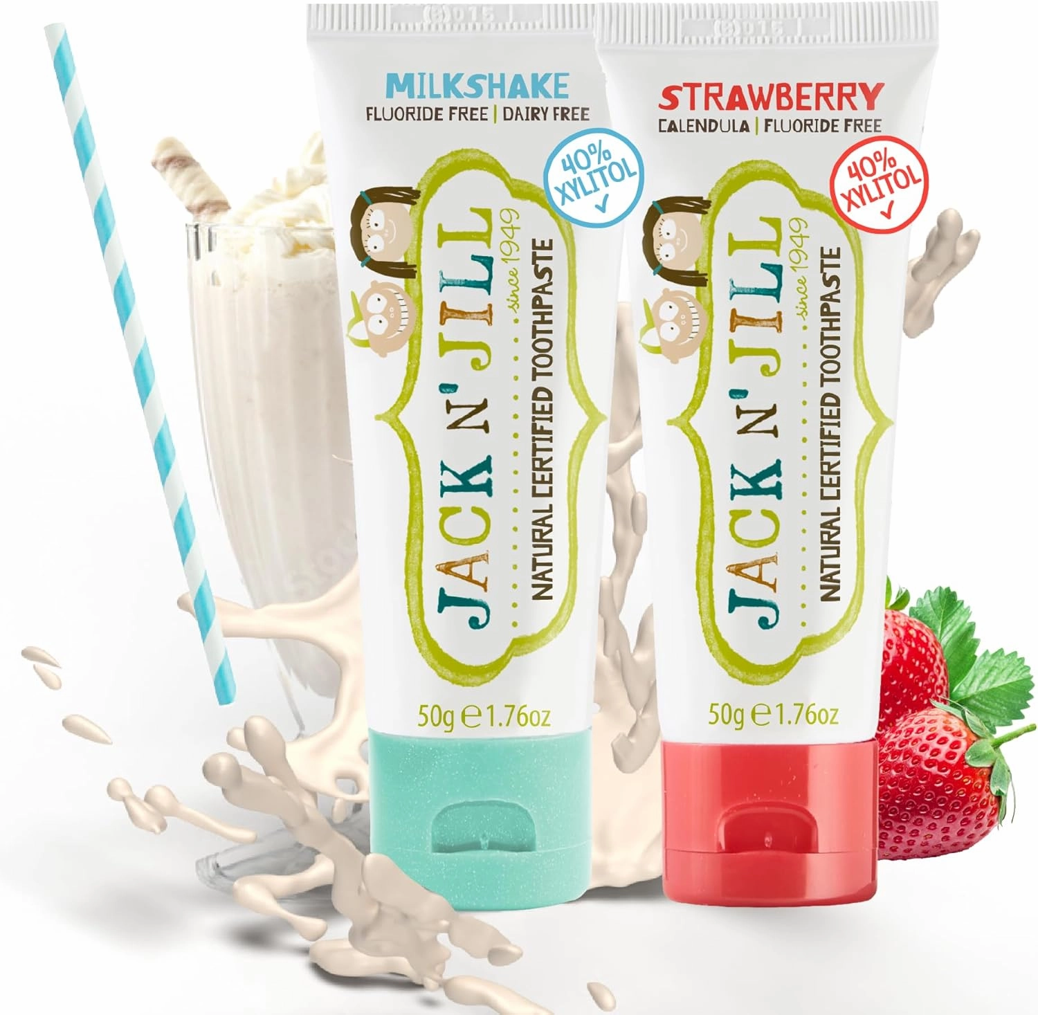 Jack N' Jill Natural Toothpaste for Kids - Fluoride Free Toothpaste, 40% Xylitol, BPA Free - Strawberry & Milkshake, 1.76 oz (2 Pack)