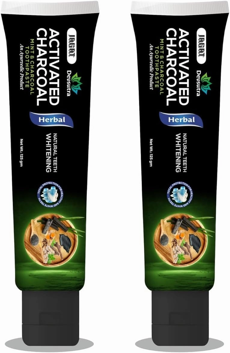 Jagat Devsutra Dr. Trusted Ayurvedic Herbal Activated Charcoal Toothpaste for Teeth Whitening - 100% Natural Formula with Mint Flavour, No Fluoride & Artificial Colours - Pack of 2 (125g x 2)