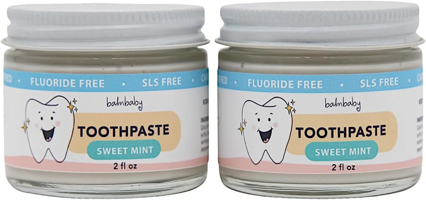Kids All Natural Fluoride Free Toothpaste by Balm Baby Brand – SLS Free Toothpaste with Xylitol, Vegan, Gluten Free, BPA Free, Glass Jar Zero Waste Children’s Teeth Paste (2PK Mint)