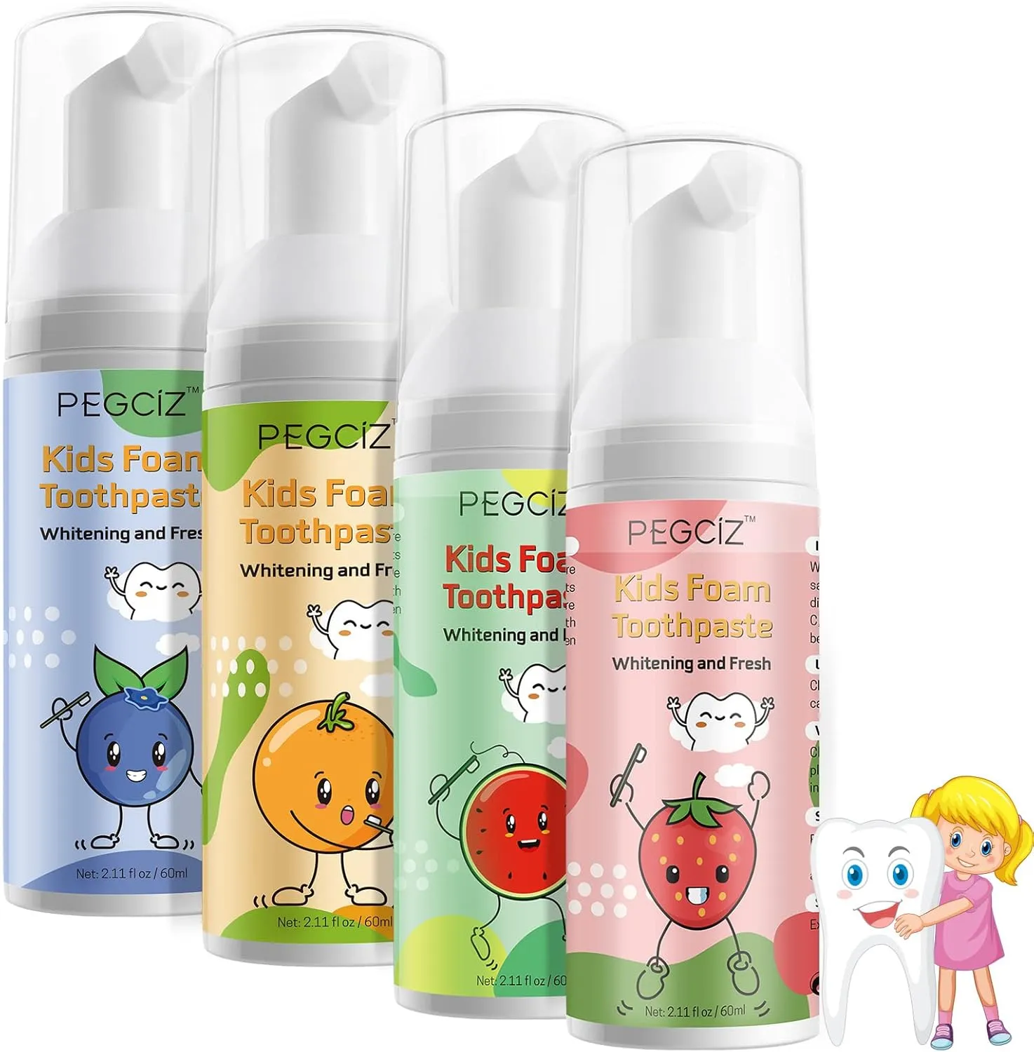 Kids Foam Toothpaste with Low Fluoride,Toddler Anti-Cavity Foam Toothpaste 4 Pack with Fruit Flavor Natural Formul for U Shaped Toothbrush for Children Kids Ages 3 Plus 2.11 fl oz/Pack