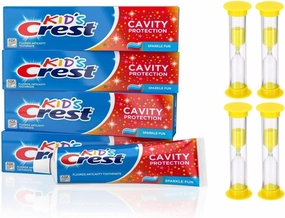 Kids Cavity Protection Crest Sparkle Fun Toothpaste 4.6 Ounce with 2 Minute Sand Timer for Brushing Combo Pack (Pack of 4)
