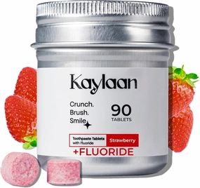 Kids Toothpaste Tablets with Fluoride by Kaylaan - Delicious Strawberry Flavor, Cavity Protection, Eco-Friendly & Travel Friendly, Chewable, Plastic Free, Great for Kids, Remineralizes Teeth(90 Tabs)