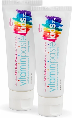 Kids Toothpaste with Daily Multivitamins B3, B5, B6, D, E, Xylitol, Calcium, Fluoride Free, Fresh Breath, Fights Tarter, Anti-Cavity, Safe to Swallow, 4.1oz, Bubble Gum Flavor, 2-Pack