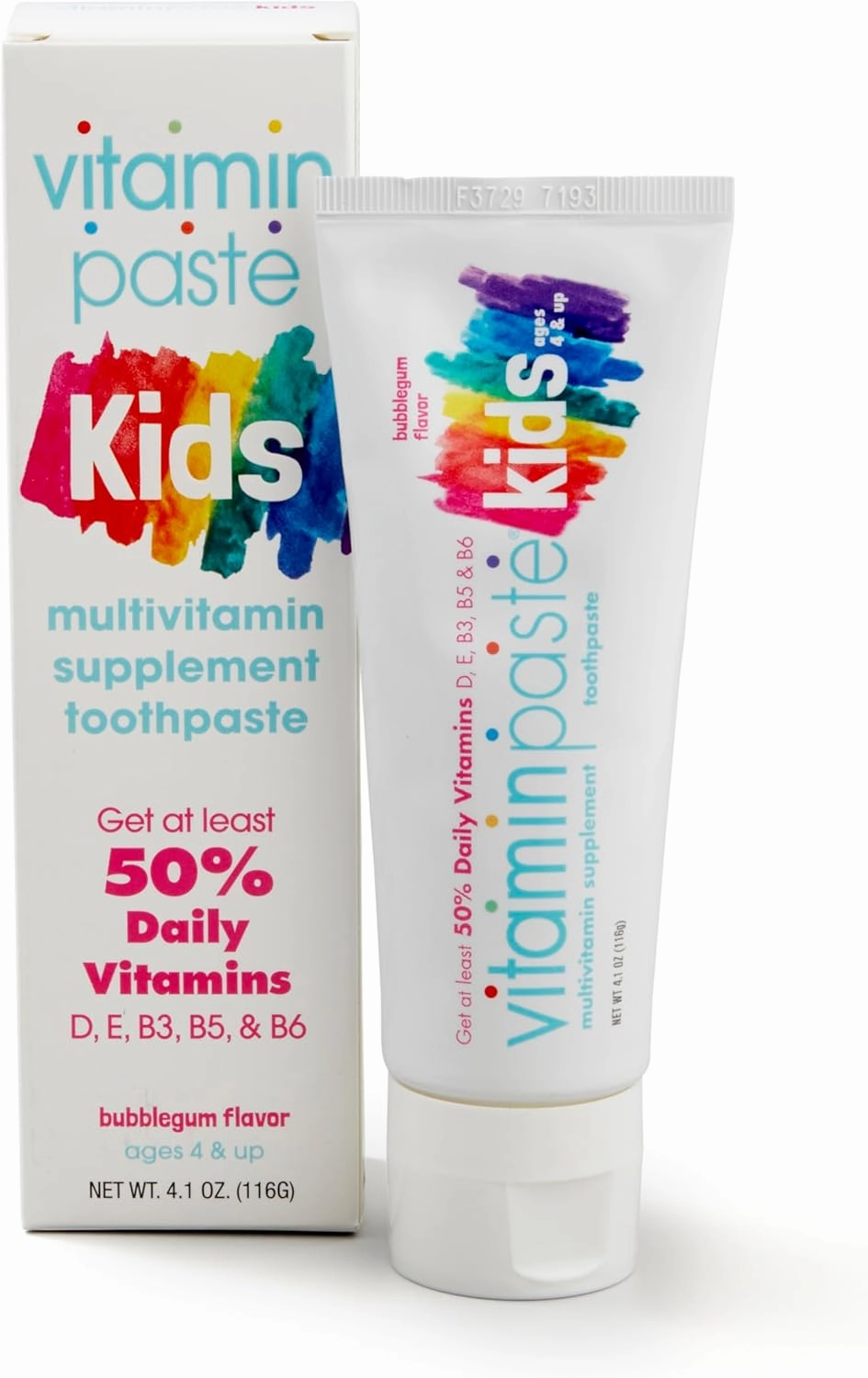 Kids Toothpaste with Daily Multivitamins B3, B5, B6, D, E, Xylitol, Calcium, Fluoride Free, Fresh Breath, Fights Tarter, Anti-Cavity, Safe to Swallow, 4.1oz, Bubble Gum Flavor, 2-Pack