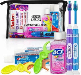 Kids Travel Size Toiletries Bag with Essential Oral Care Items - Bundled with Crest Kids Toothpaste, Travel toothbrush kids, ACT Mouthwash, Floss Packs - Ideal Essentials for Children