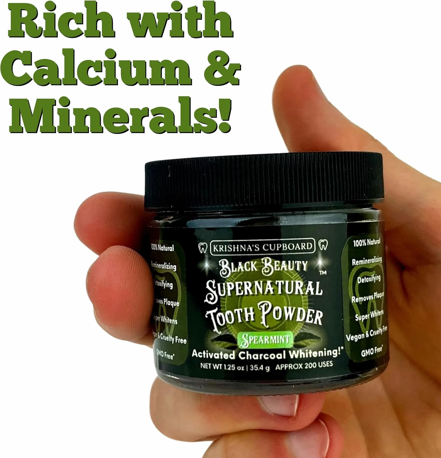 Krishna's Cupboard Black Beauty Supernatural Organic Tooth Cleaning Powder, All Natural, Remineralizing Activated Charcoal Teeth Whitening, Fluoride Free Vegan Powdered Toothpaste, Spearmint 1.25 oz