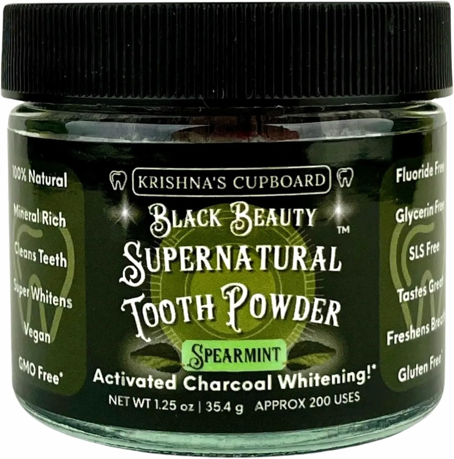 Krishna's Cupboard Black Beauty Supernatural Organic Tooth Cleaning Powder, All Natural, Remineralizing Activated Charcoal Teeth Whitening, Fluoride Free Vegan Powdered Toothpaste, Spearmint 1.25 oz