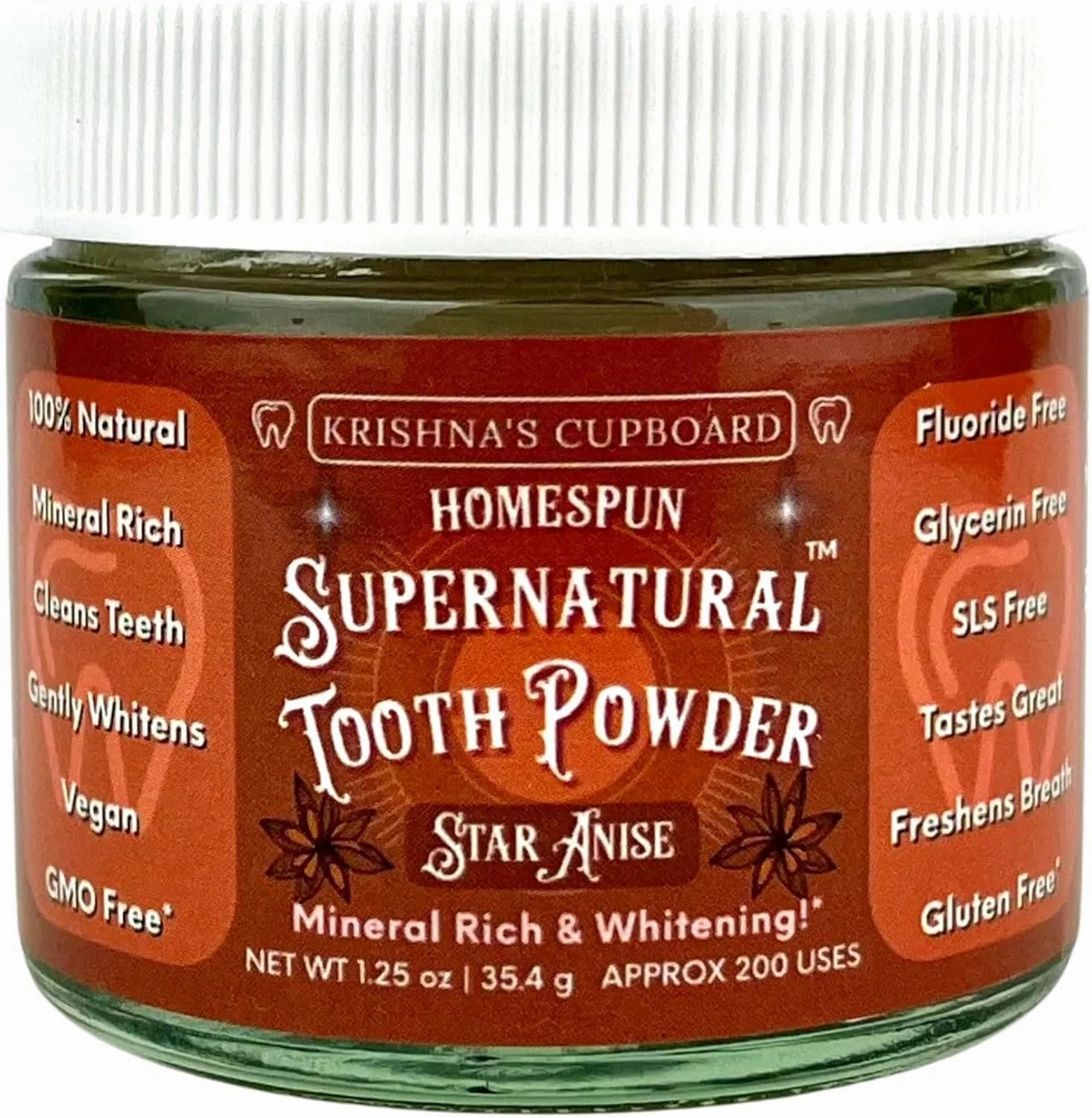 Krishna's Cupboard Supernatural Organic Tooth Cleaning Powder, All Natural, Stain Remover, Remineralizing & Teeth Whitening, Fluoride Free Vegan Sensitive Teeth Powdered Toothpaste, Star Anise 1.25 oz