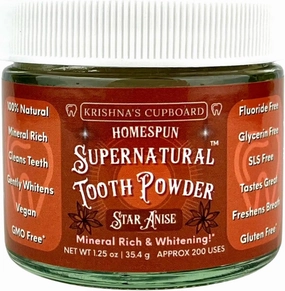 Krishna's Cupboard Supernatural Organic Tooth Cleaning Powder, All Natural, Stain Remover, Remineralizing & Teeth Whitening, Fluoride Free Vegan Sensitive Teeth Powdered Toothpaste, Star Anise 1.25 oz