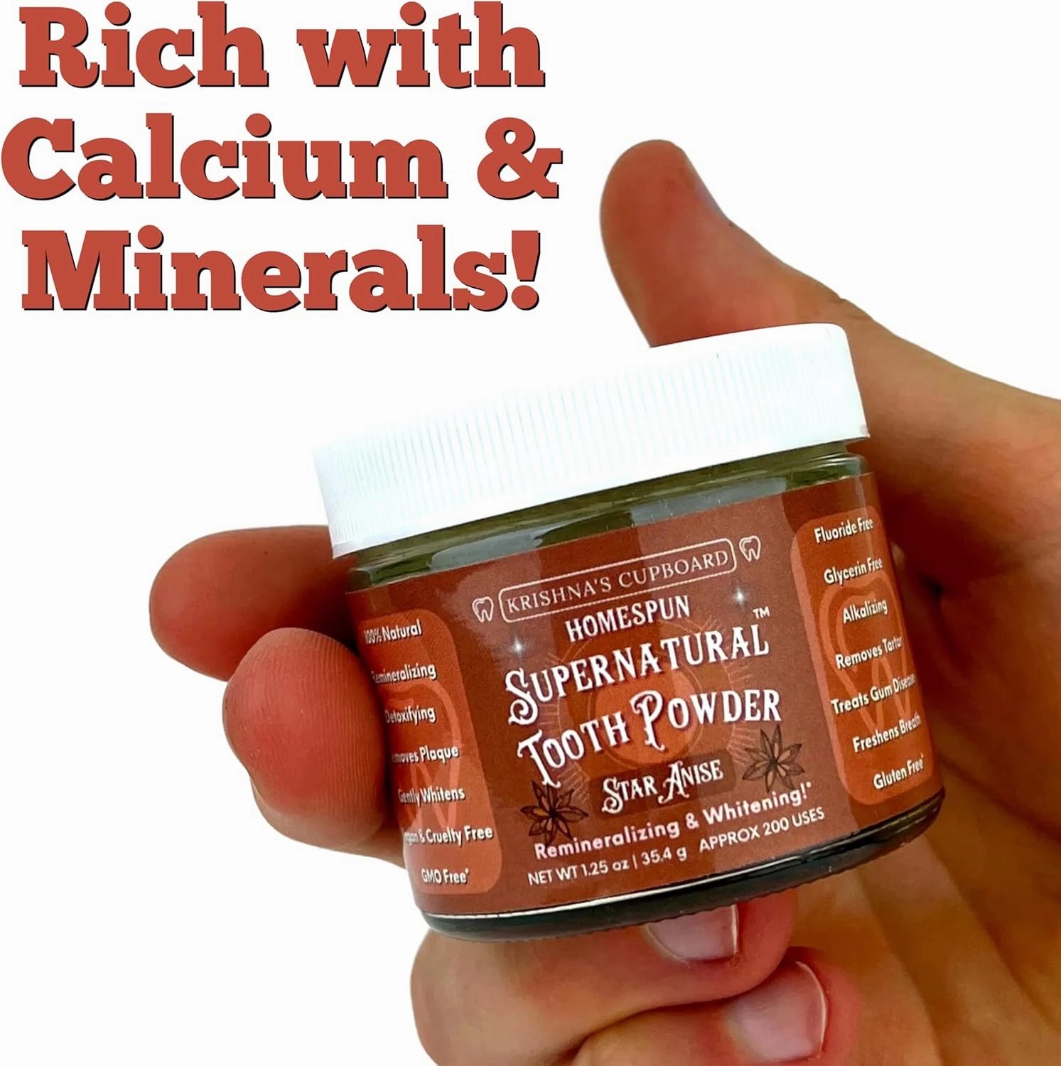 Krishna's Cupboard Supernatural Organic Tooth Cleaning Powder, All Natural, Stain Remover, Remineralizing & Teeth Whitening, Fluoride Free Vegan Sensitive Teeth Powdered Toothpaste, Star Anise 1.25 oz